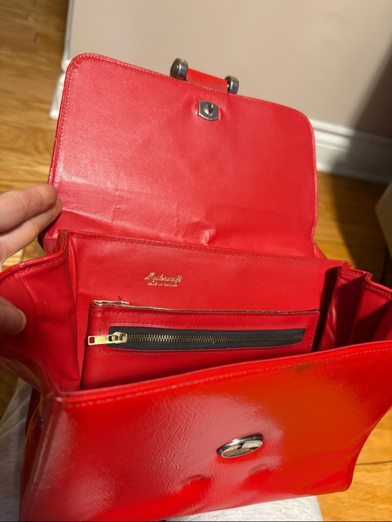 Red Leather Top-Handle Shoulder Bag with Silver D-Ring Accent - Picture 10 of 15